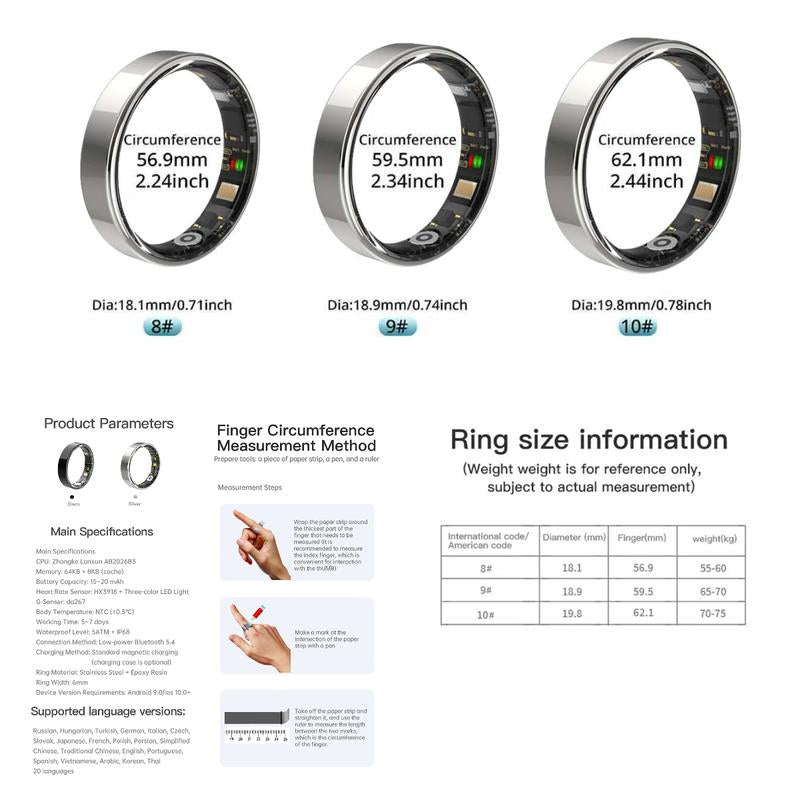 8#-Smart Ring Advanced Health Monitoring Smart Ring 24/7 Heart Rate Blood Oxygen Sleep Waterproof Durable Wearable Finger for Ios Android