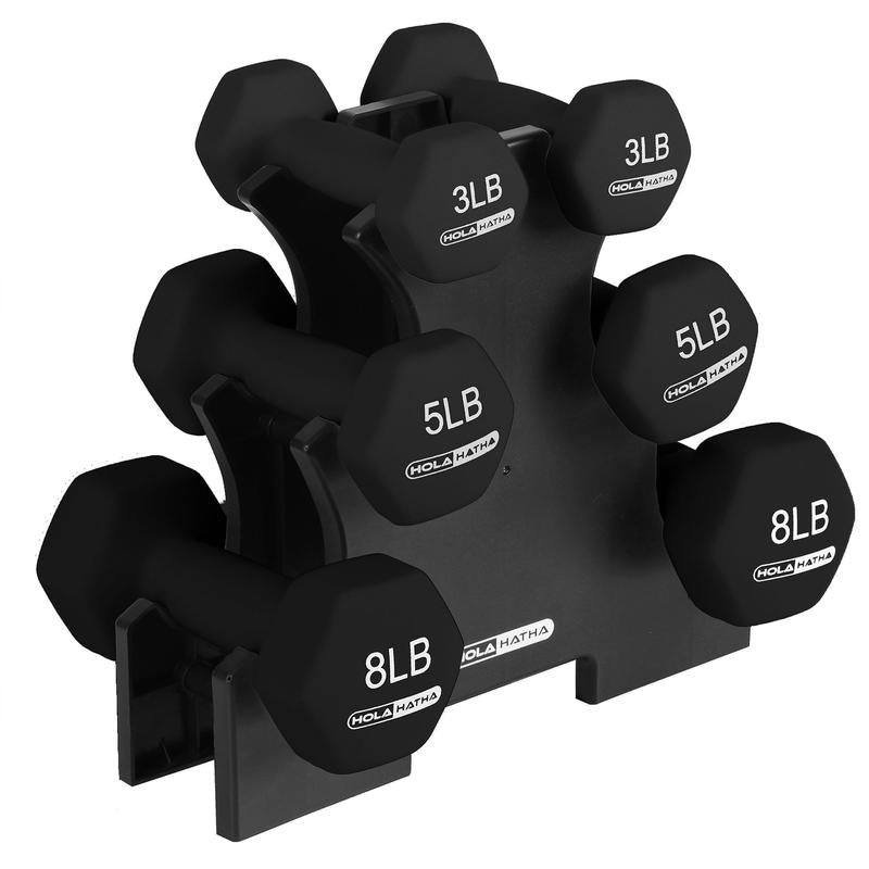 Holahatha 3, 5, and 8 Pound Dumbbell Hand Weight Set with Storage Rack, Multi Strength Training