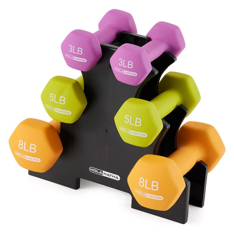Holahatha 3, 5, and 8 Pound Dumbbell Hand Weight Set with Storage Rack, Multi Strength Training