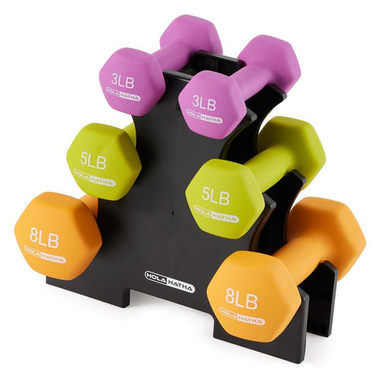 Holahatha 3, 5, and 8 Pound Dumbbell Hand Weight Set with Storage Rack, Multi Strength Training