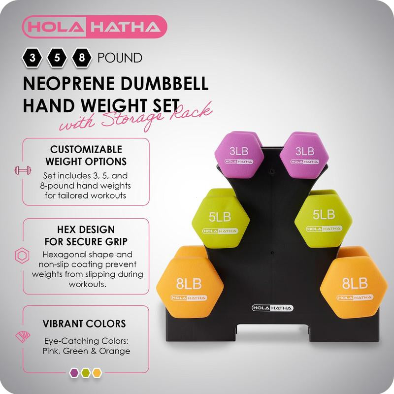 Holahatha 3, 5, and 8 Pound Dumbbell Hand Weight Set with Storage Rack, Multi Strength Training